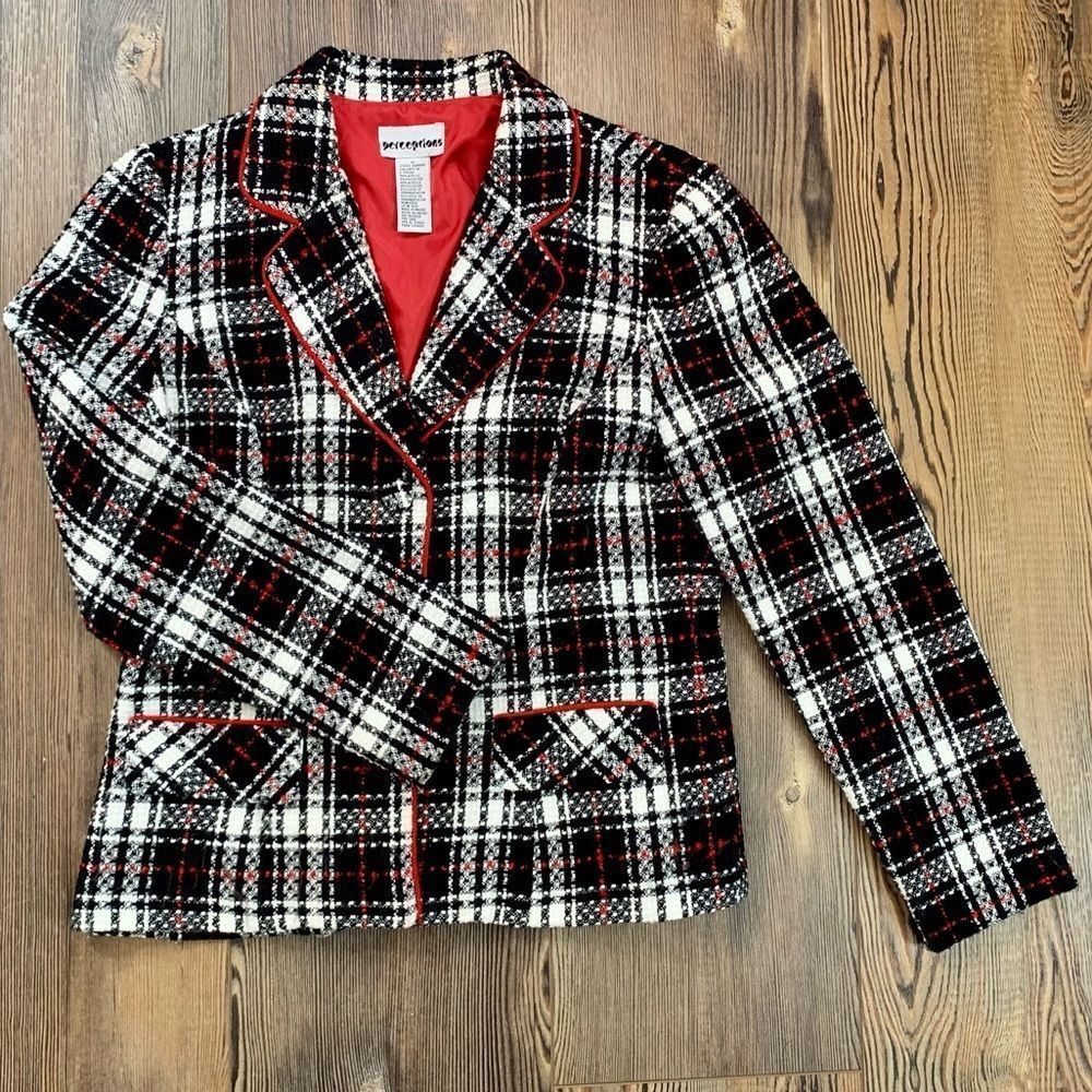 Perceptions Red/White/Black Plaid Blazer Size 10